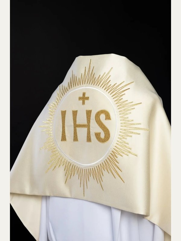 Welon liturgiczny, haftowany IHS - ecru satyna