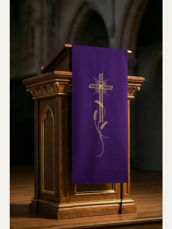 Lektorium/welon na ambonę, haftowany krzyż i napis IHS (kolory liturgiczne)