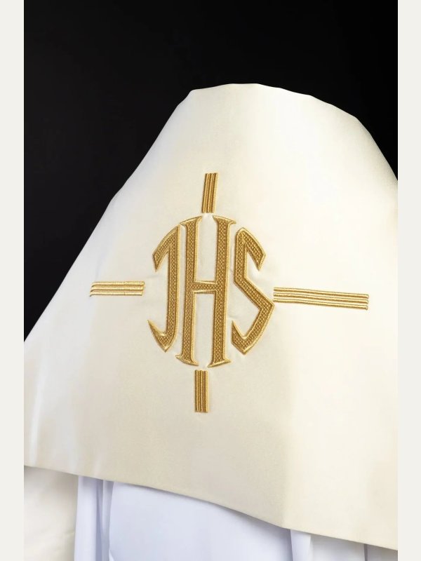 Welon liturgiczny haftowany IHS, ecru satyna
