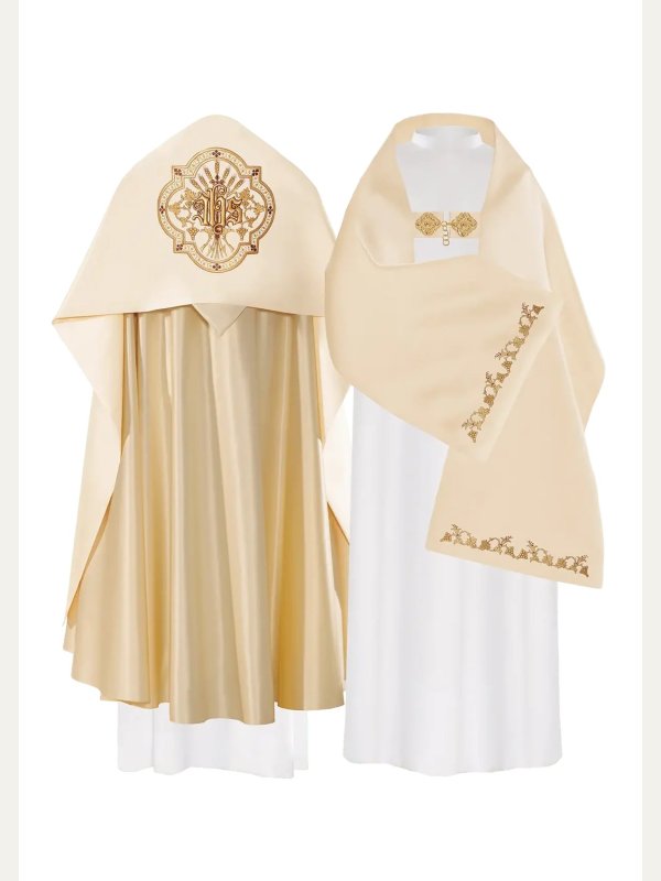 Welon liturgiczny IHS haftowany, ecru satyna