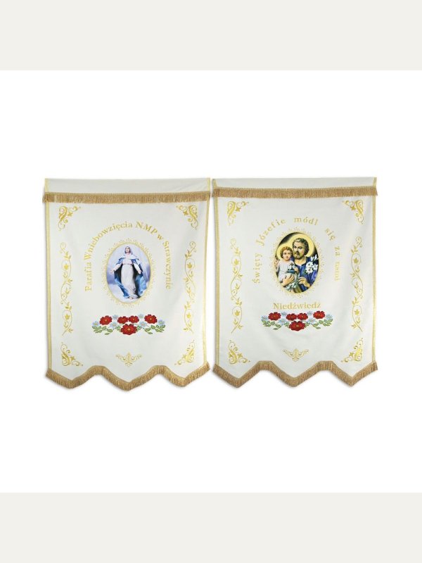 Chorągiew drukowana (Matka Boża, Św. Józef) + haftowane napisy, ornamenty