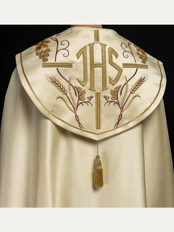 Kapa haftowana, IHS + winogrona - ecru satyna (4H)