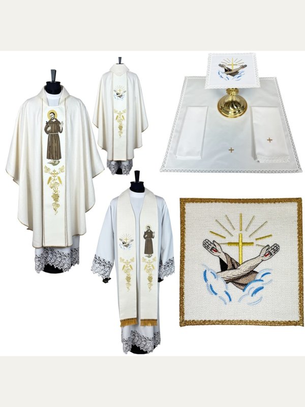 Komplet ornat haftowany, stuła, bielizna kielichowa, palka - Święty Franciszek