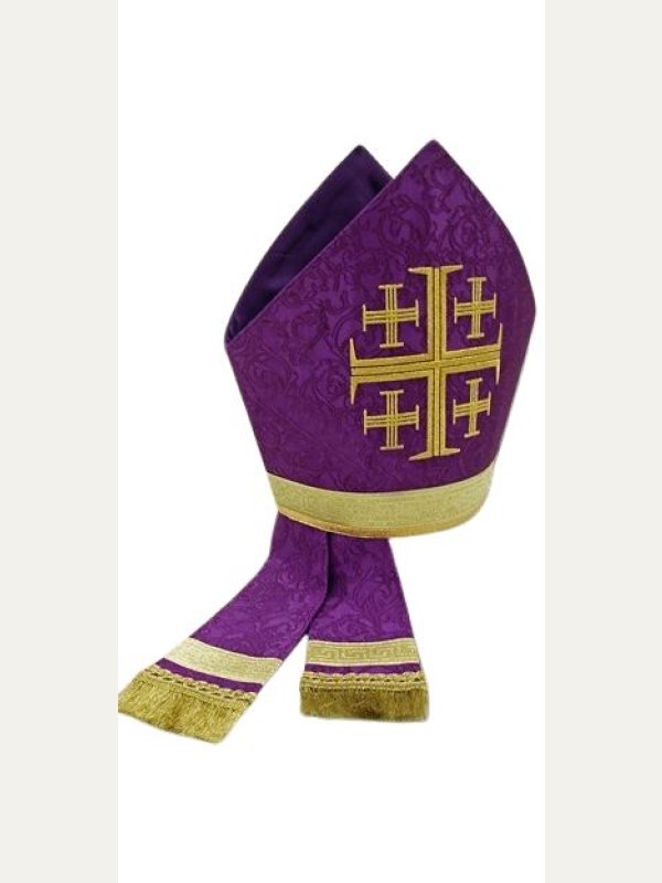 Mitra biskupia, haftowana - złoty Krzyż Jerozolimski (kolory liturgiczne)