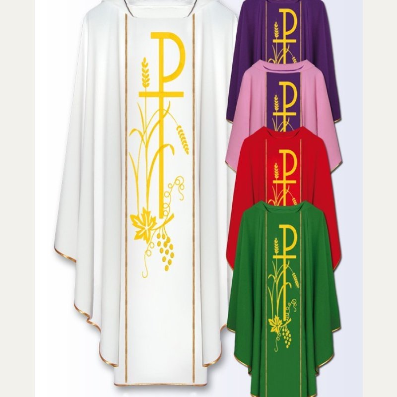 Ornat liturgiczny z haftowanymi pasami – krzyż Tau-Rho, kłosy i winogrona