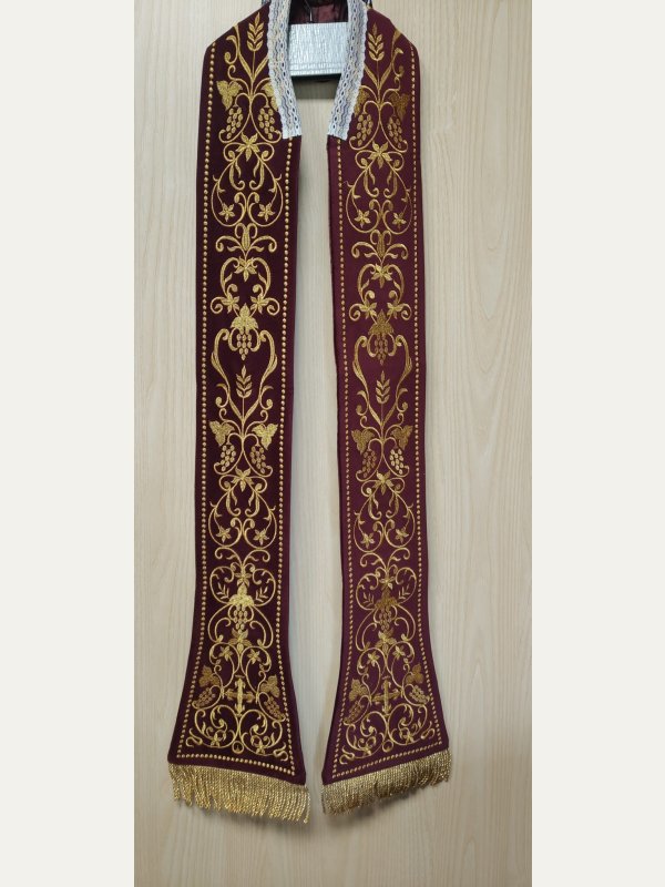 Stuła rzymska bordowa z motywem eucharystycznym, aksamit - 120 cm