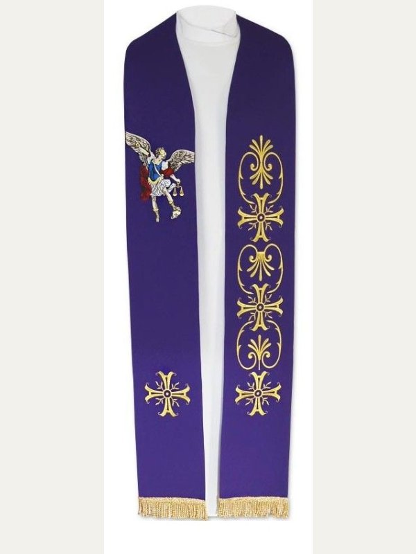 Stuła haftowana fioletowa Michał Archanioł