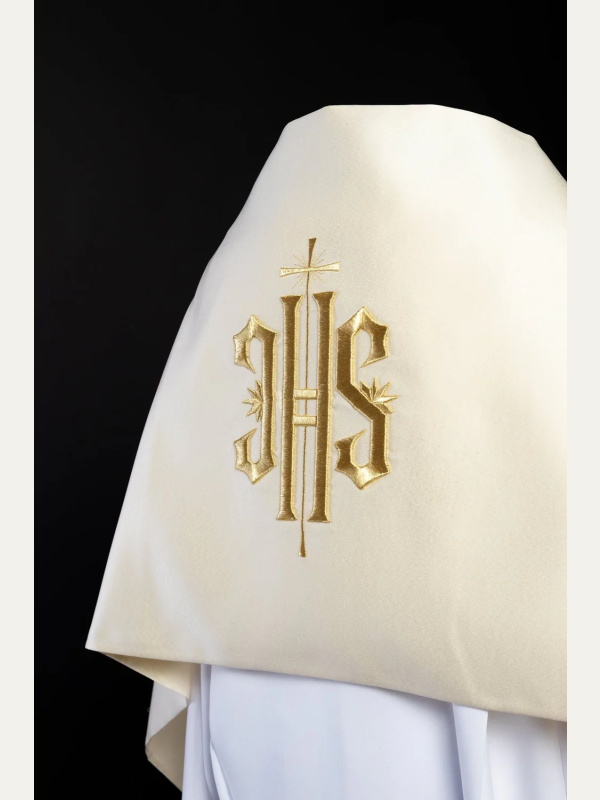 Welon liturgiczny IHS haftowany, ecru satyna